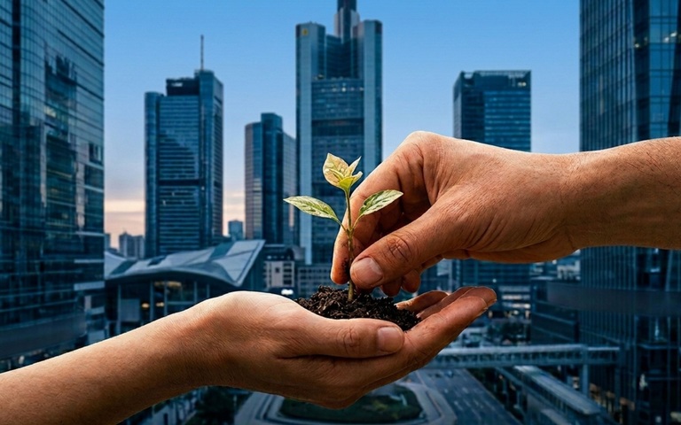 Zwei Hände, eine Pflanze, im Hintergrund ein Finanzviertel
