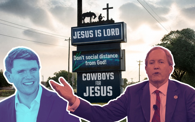 Hinweisschild einer Kirche in Wimberley / James Talarico und Ken Paxton